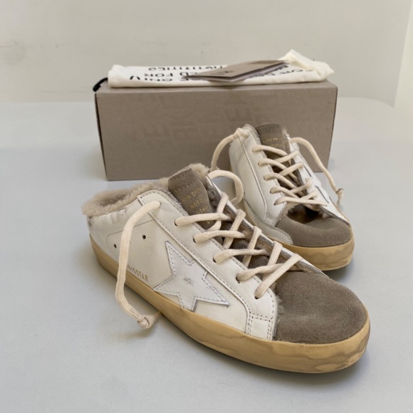 GOLDEN GOOSE Superstar Sabot shearling-lined distressed   Superstar Shearling Sabot Sneaker White Leather/Gray Suede sz